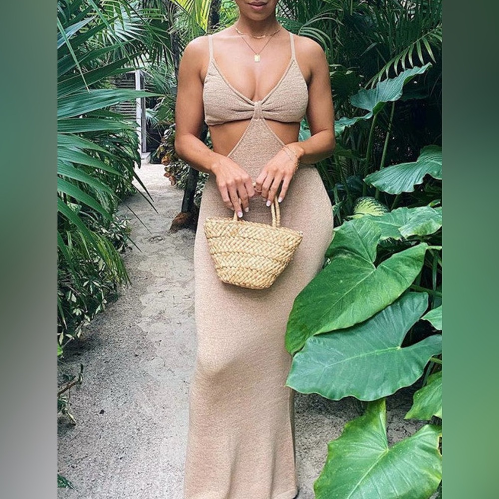 Fashion Nova Tan Cutout Midi Sweater Dress Brown - Size M